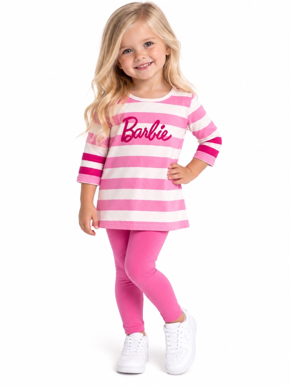 Barbie Pink & White Striped Girls A-line Tunic Sweatshirt-2T